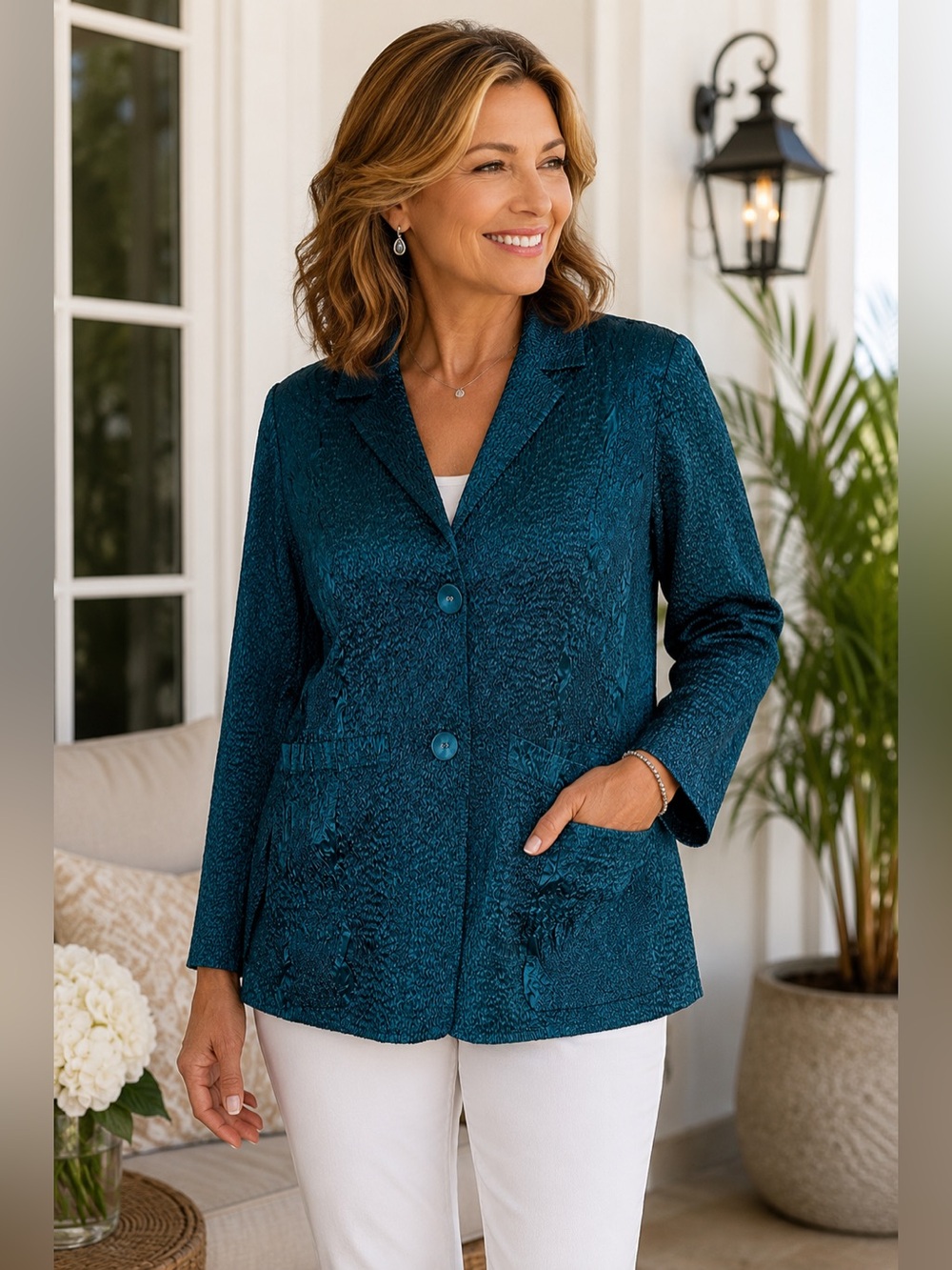 Chico’s Travelers Teal Textured Open Front Blazer Jacket Size 2 Travel Career
